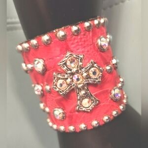 DOUBLE J Saddlery Red Leather Custom Studs Rhinestones Cuff Snap Bracelet 3" EUC
